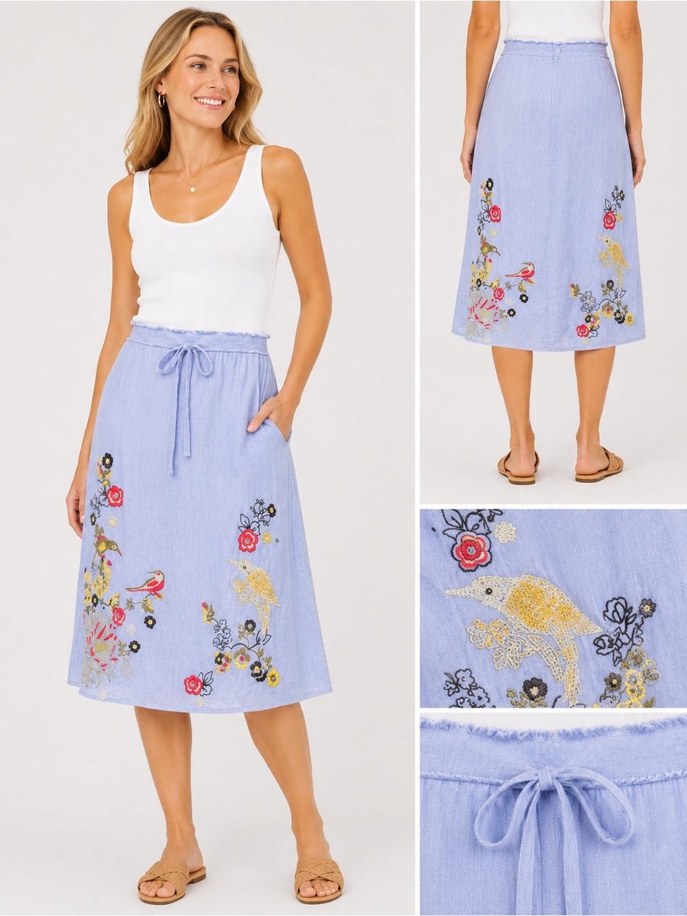 NWT Oilily Linen Embroidered Bird Floral Beaded A-Line Skirt Size 40